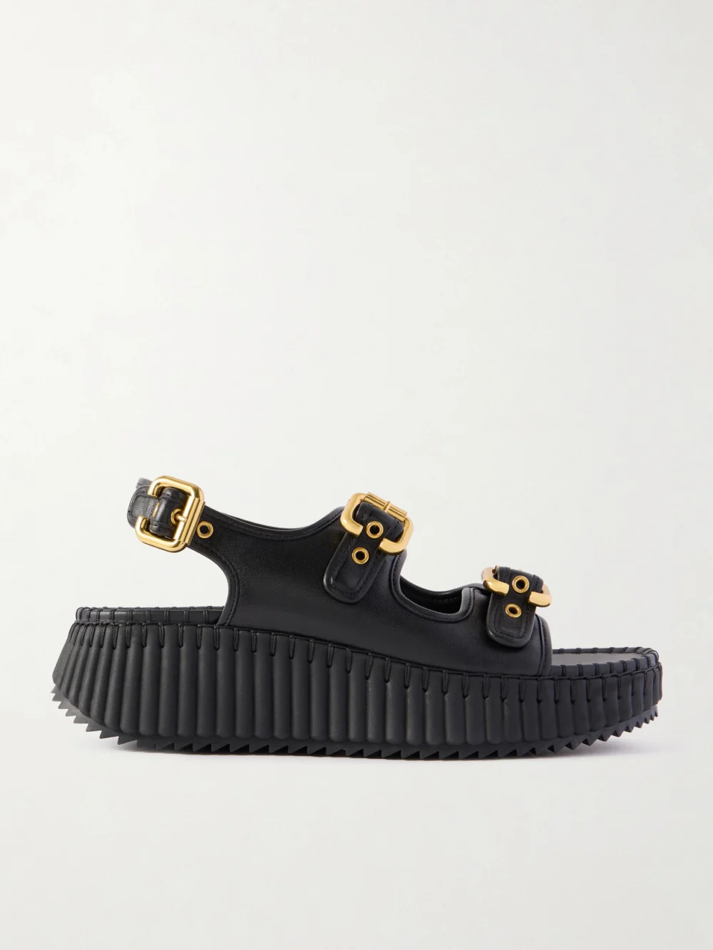 Chloé Nama Buckled Leather Wedge Sandals in black