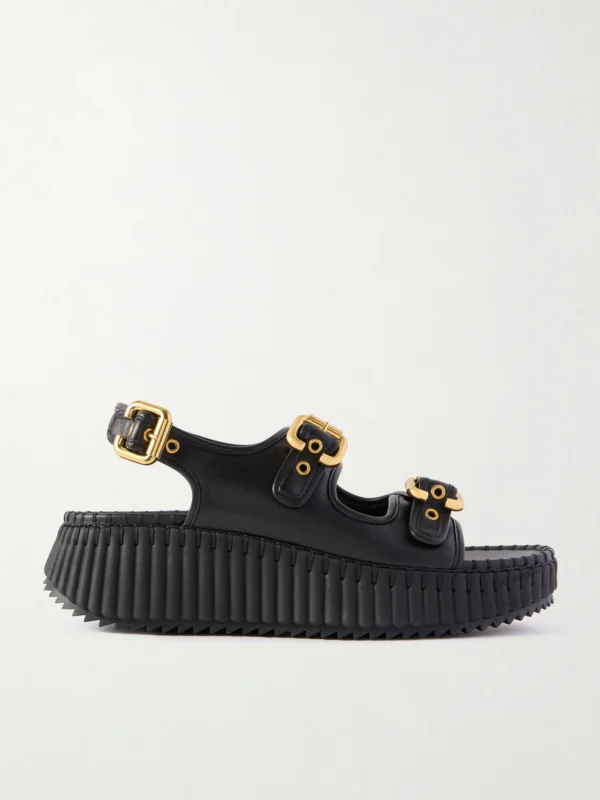 Chloé Nama Buckled Leather Wedge Sandals