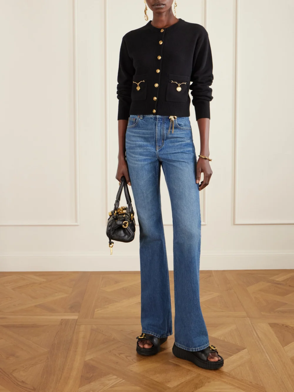 Chloé Nama Buckled Leather Wedge Sandals, styled view