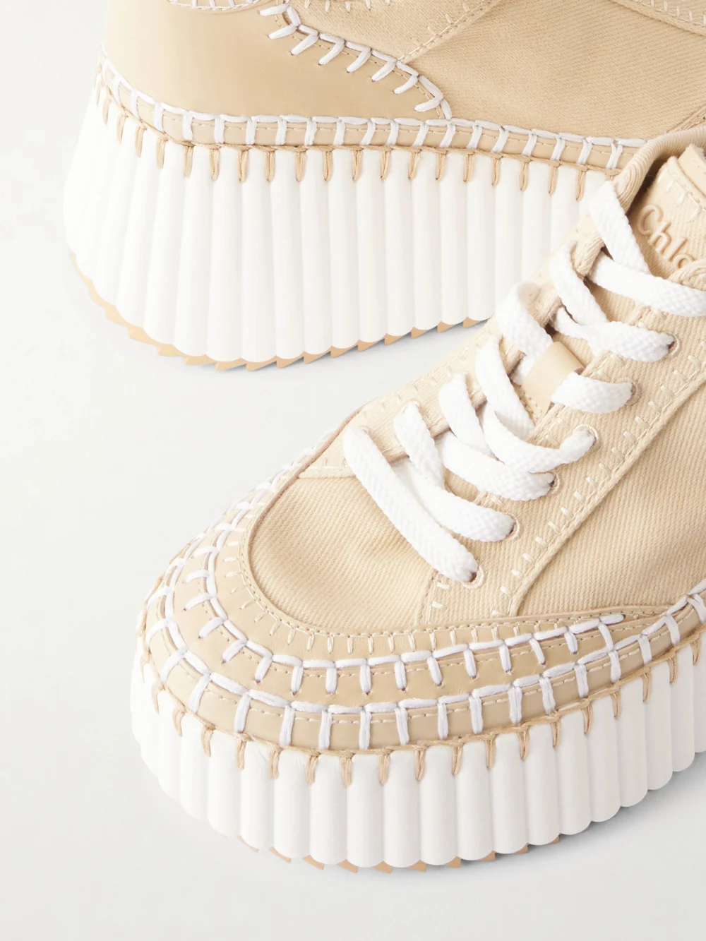 Close-up detail of the Chloé Nama Canvas and Leather Platform Sneakers