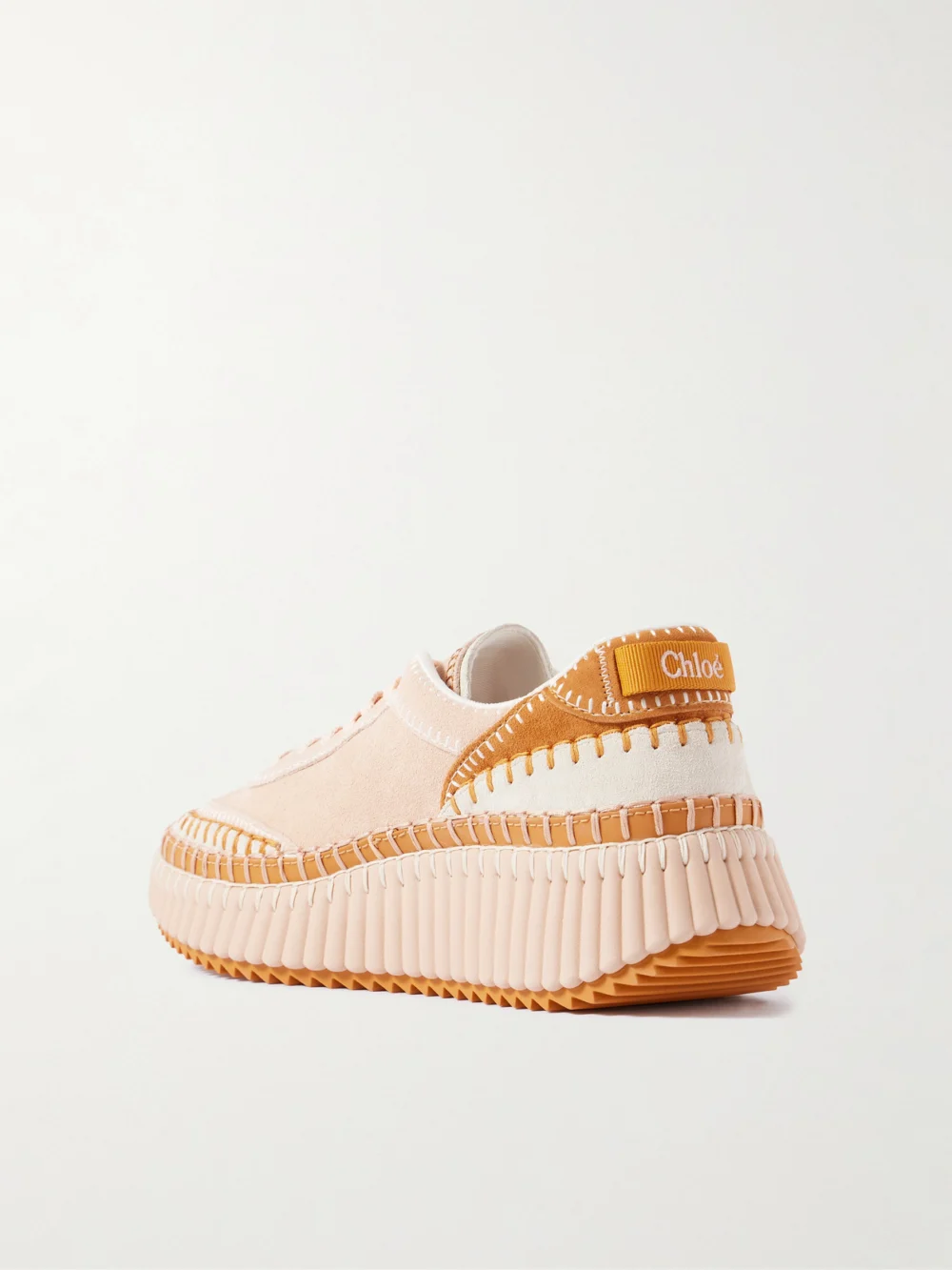 Back view of the Chloé Nama Embroidered Leather-trimmed Suede Platform Sneakers