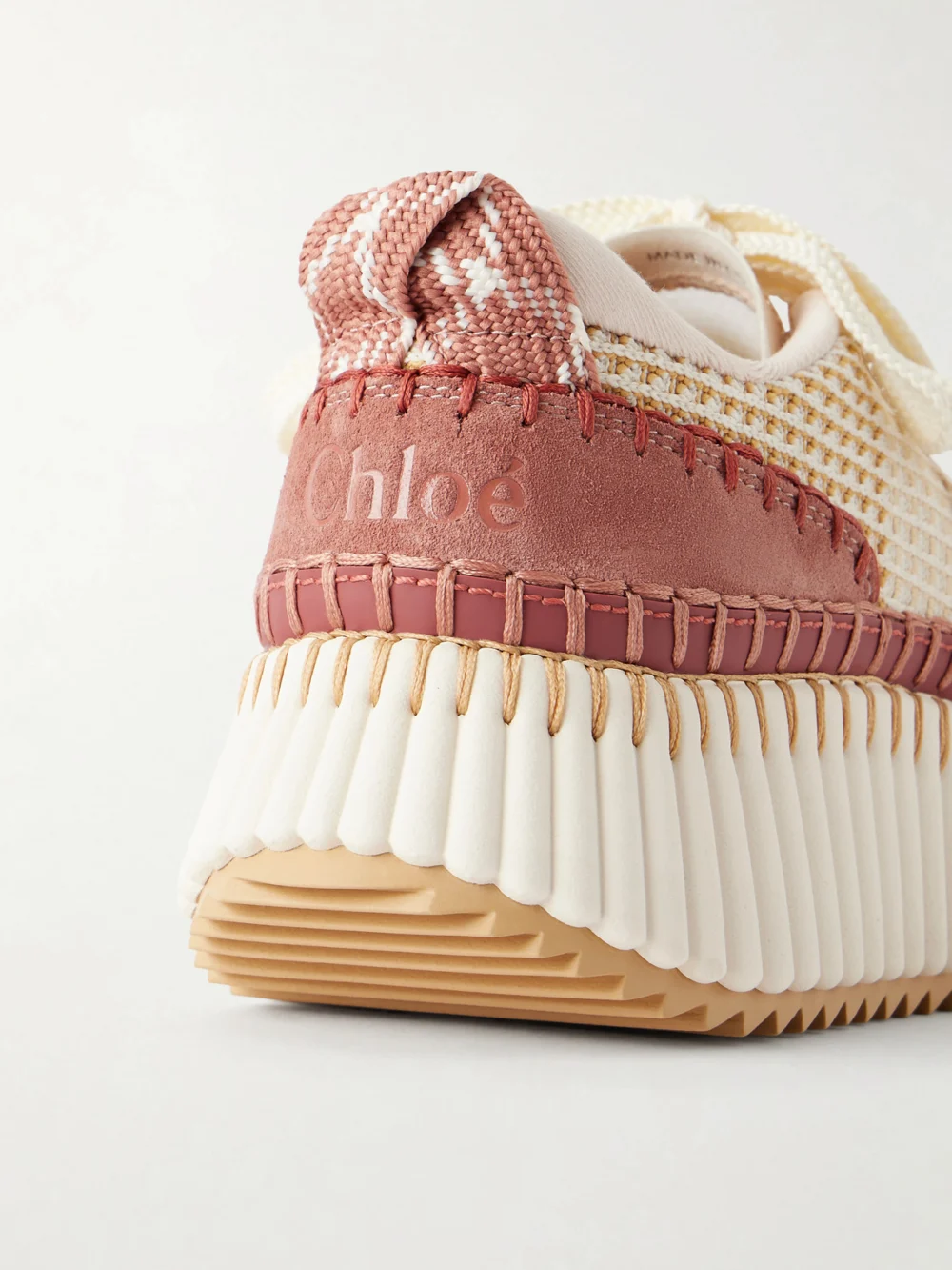 Close-up detail of the Chloé Nama Embroidered Suede and Recycled-mesh Sneakers