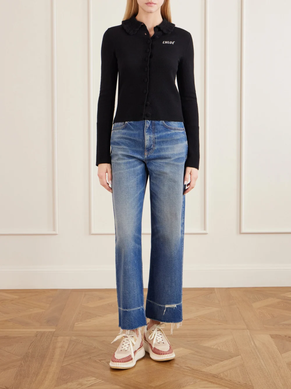 Chloé Nama Embroidered Suede and Recycled-mesh Sneakers, styled view