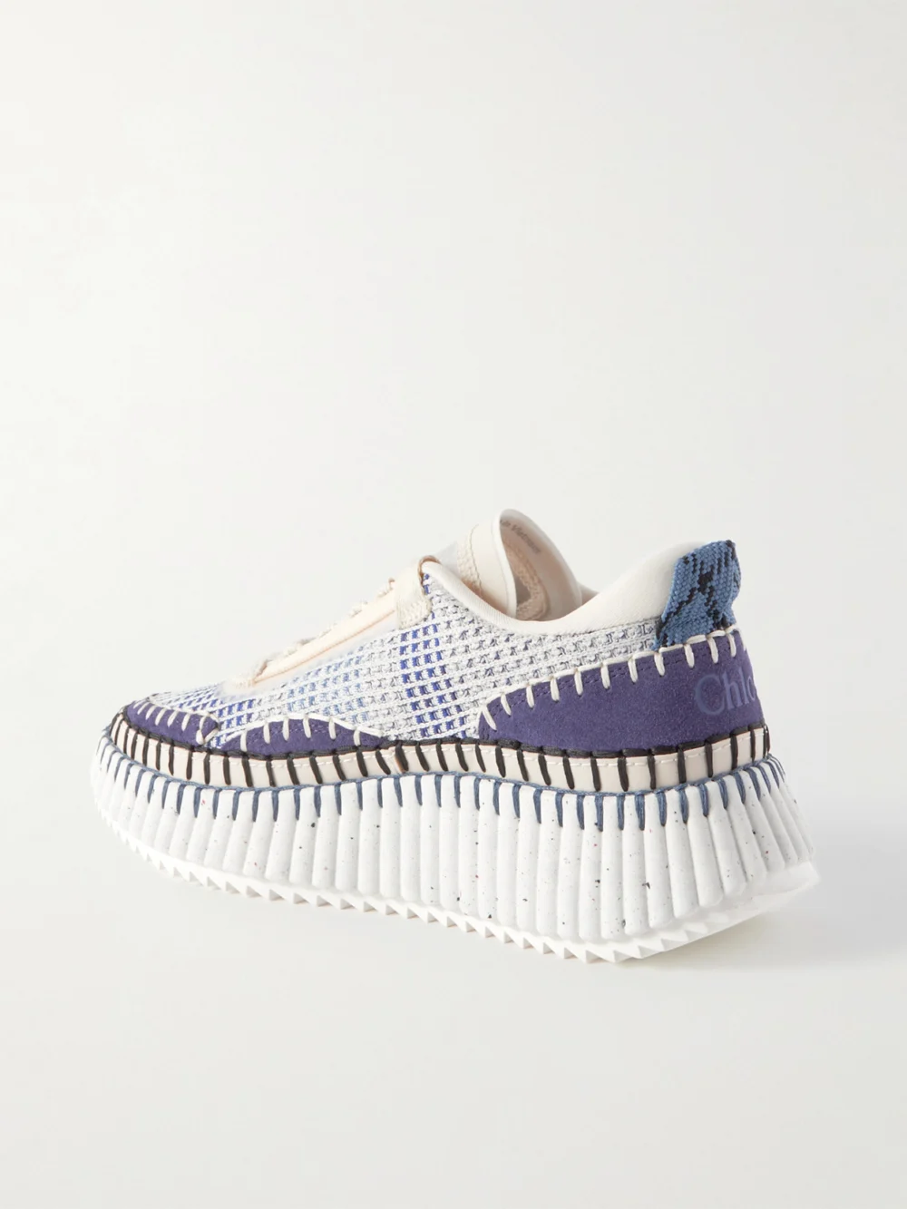 Back view of the Chloé Nama Embroidered Suede and Recycled-mesh Sneakers