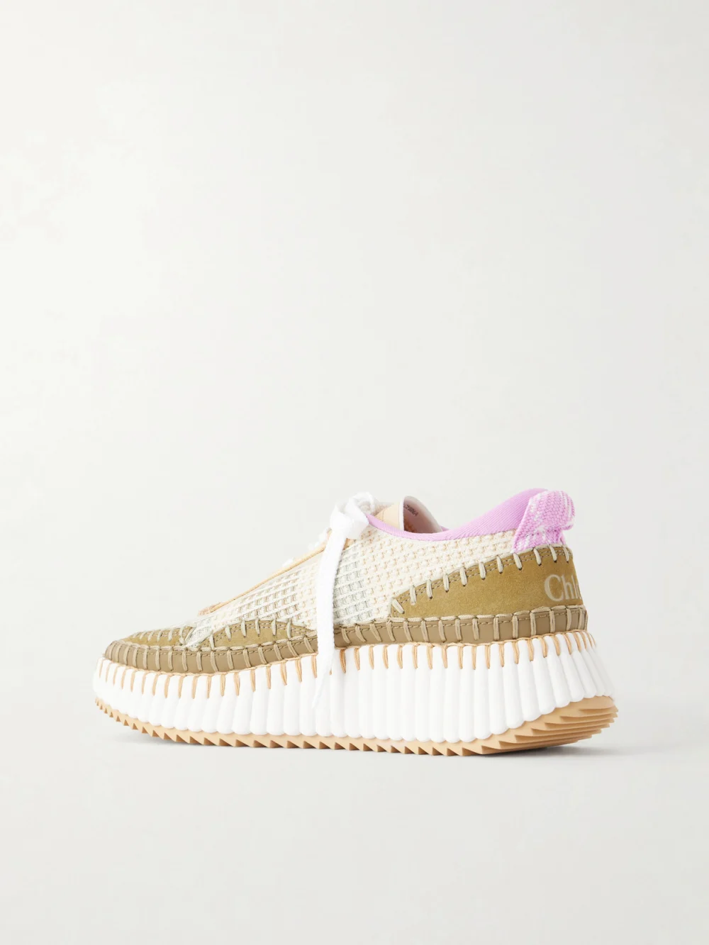 Back view of the Chloé Nama Embroidered Suede and Recycled-mesh Sneakers