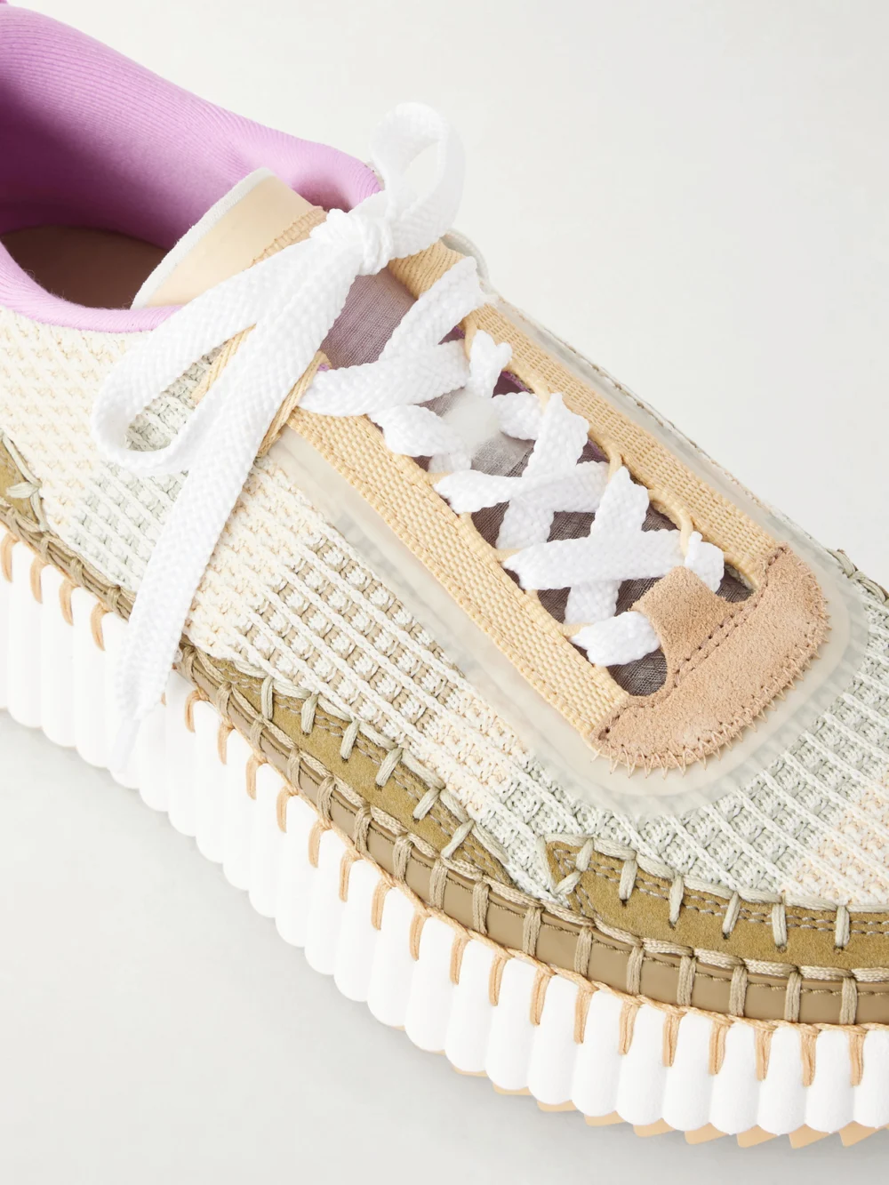 Close-up detail of the Chloé Nama Embroidered Suede and Recycled-mesh Sneakers