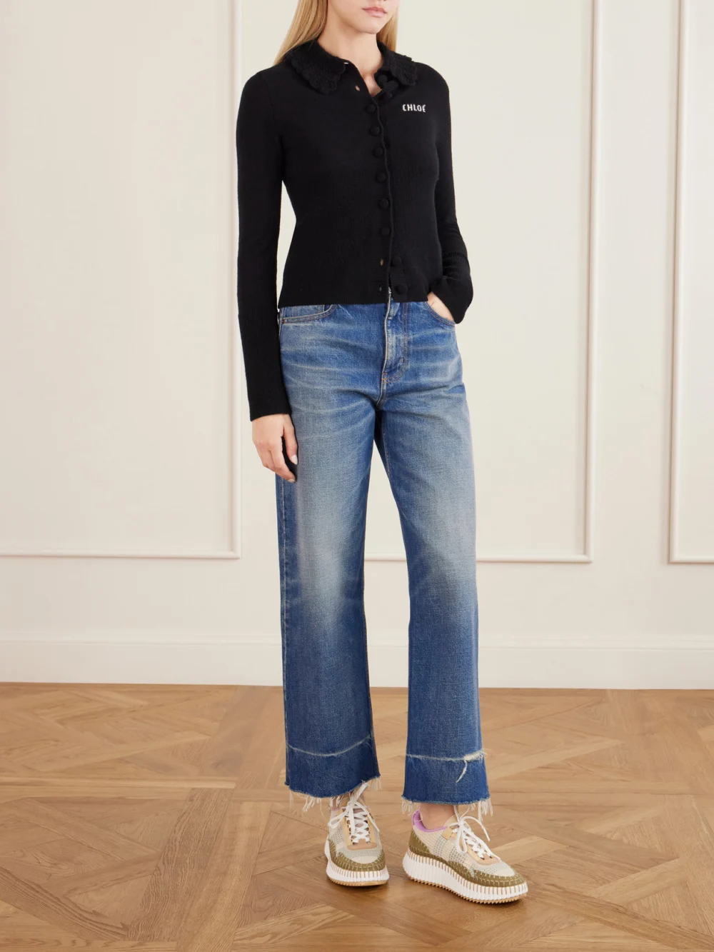 Chloé Nama Embroidered Suede and Recycled-mesh Sneakers, styled view