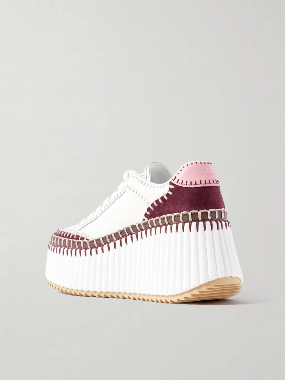 Back view of the Chloé Nama Embroidered Suede-trimmed Leather Platform Sneakers