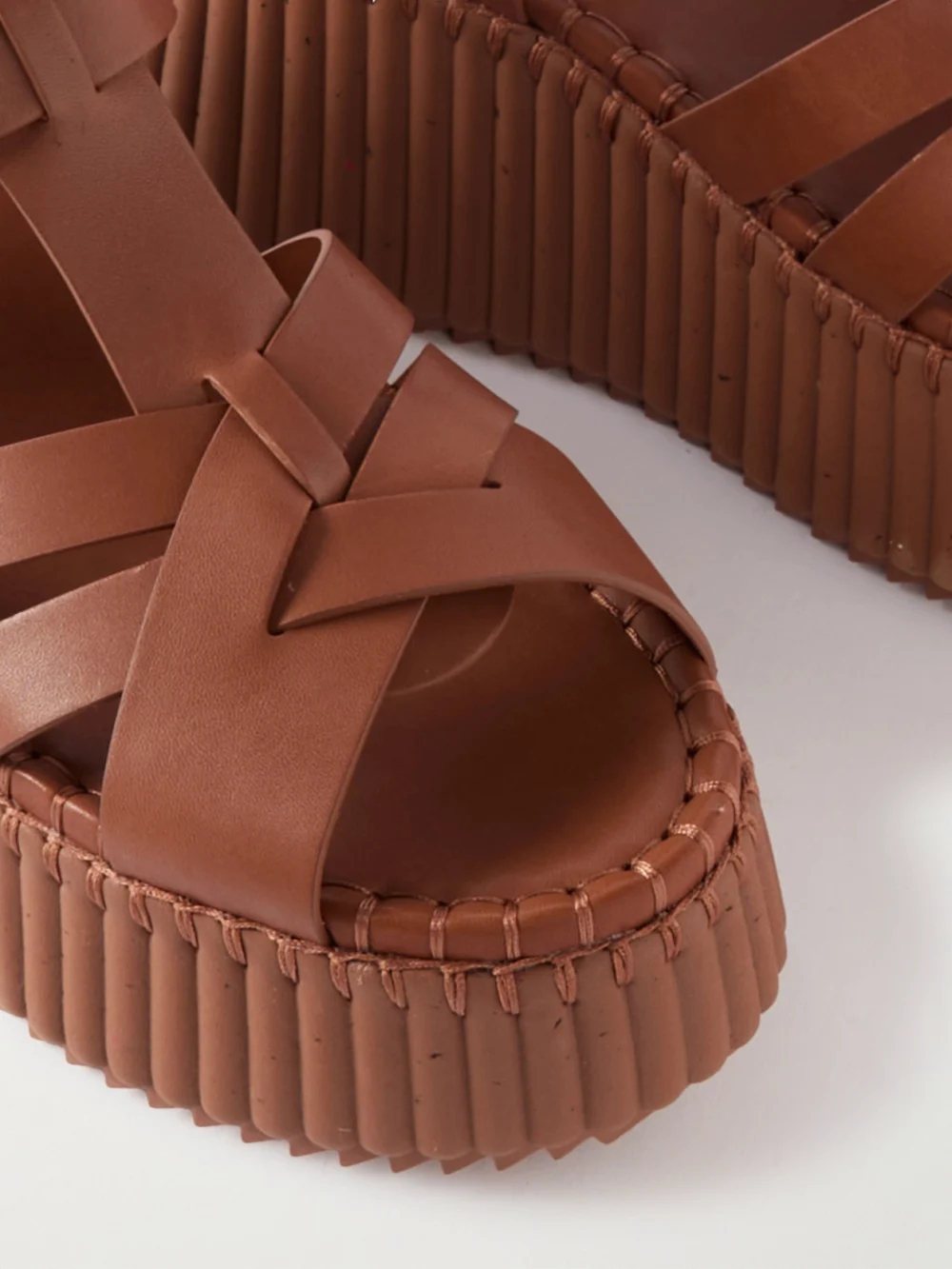 Close-up detail of the Chloé Nama Leather Platform Sandals