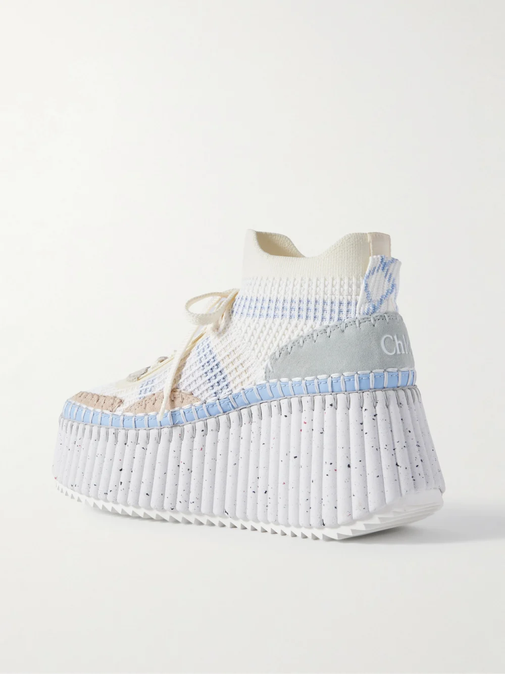 Back view of the Chloé Nama Leather-trimmed Embroidered Suede and Mesh Platform Sneakers
