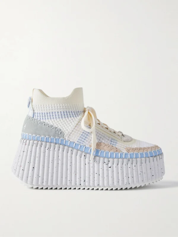 Chloé Nama Leather-trimmed Embroidered Suede and Mesh Platform Sneakers