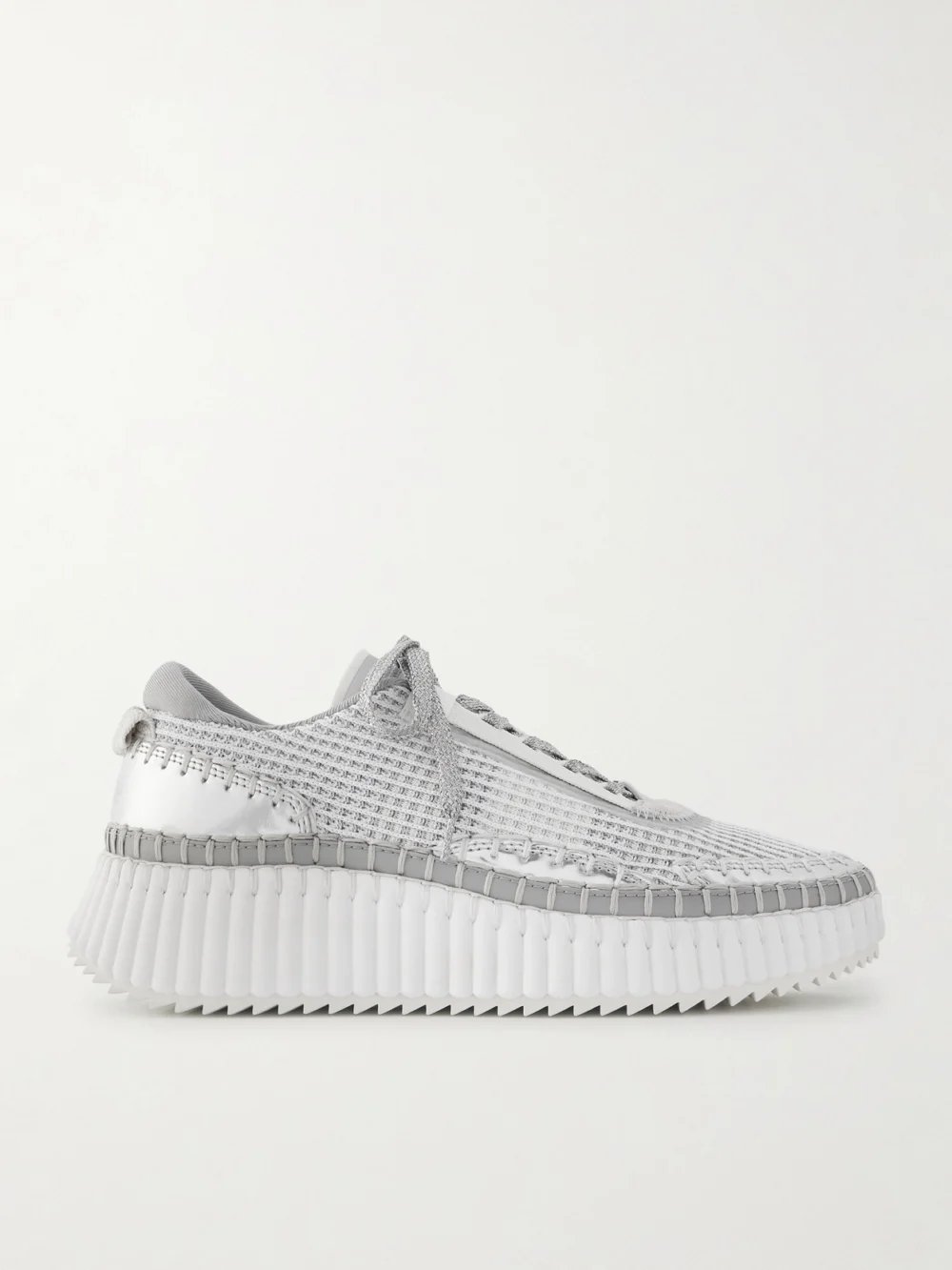 Chloé Nama Metallic Leather-trimmed Mesh Sneakers in silver