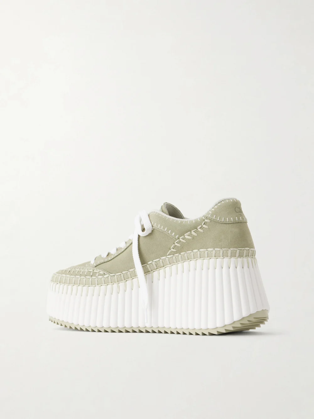 Back view of the Chloé Nama Patchwork Suede-trimmed Leather Platform Sneakers