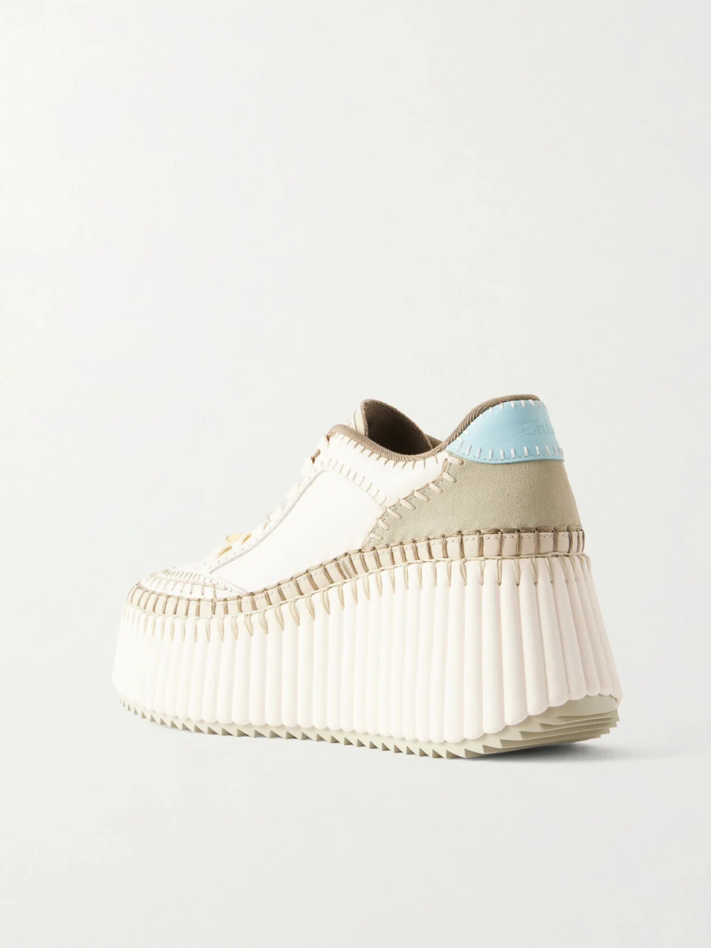 Back view of the Chloé Nama Patchwork Suede-trimmed Leather Platform Sneakers