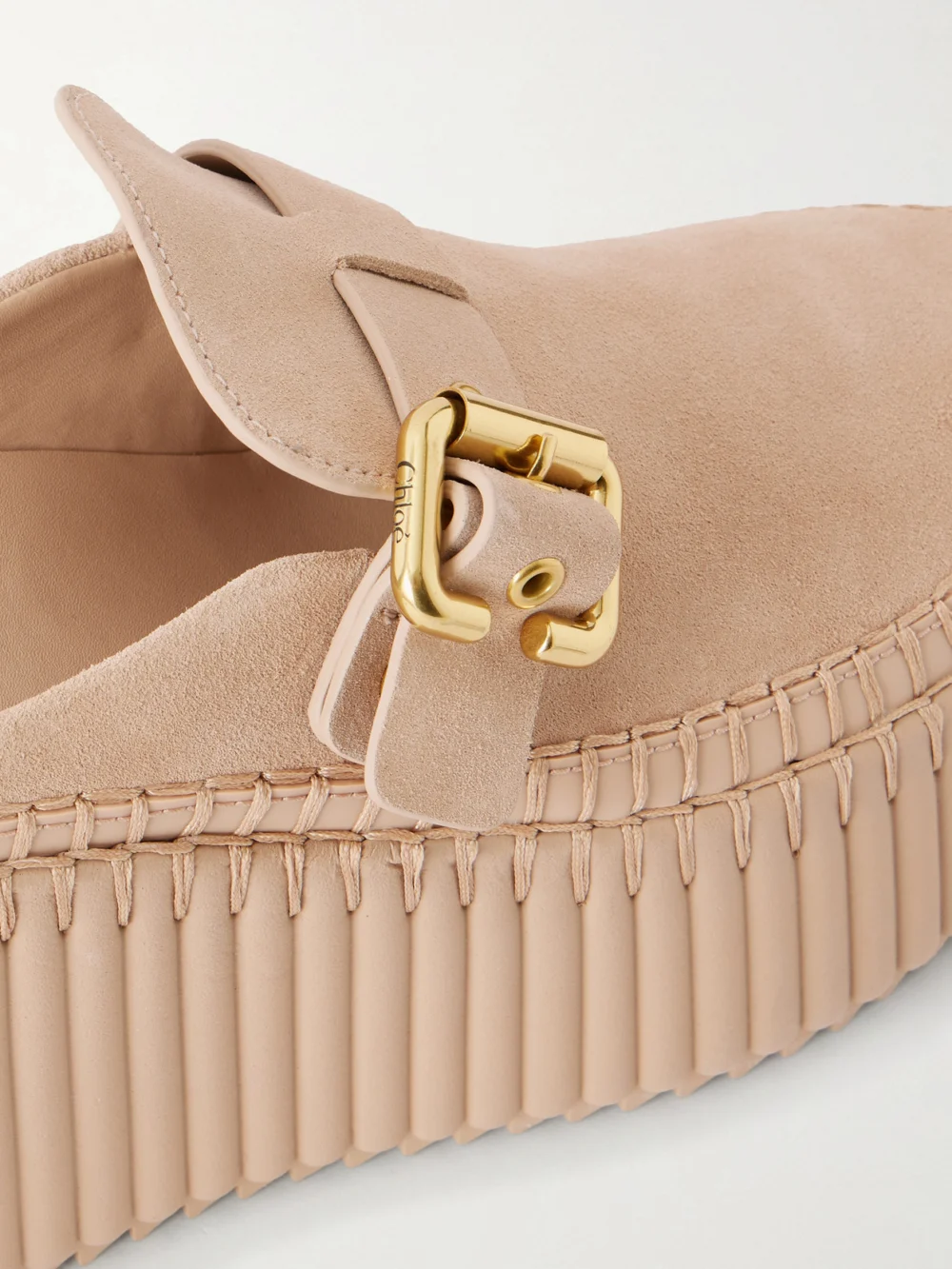 Close-up detail of the Chloé Nama Suede Platform Mules