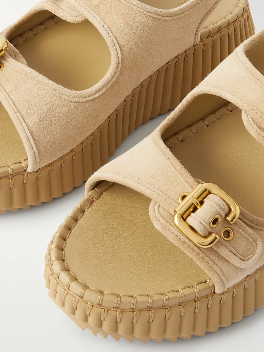 Close-up detail of the Chloé Nama Suede Platform Sandals