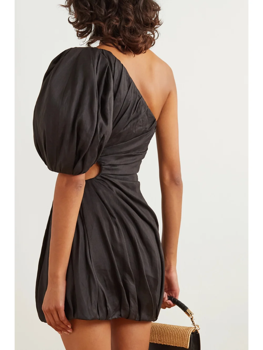 Back view of the Chloé One-shoulder Cutout Gathered Ramie Mini Dress