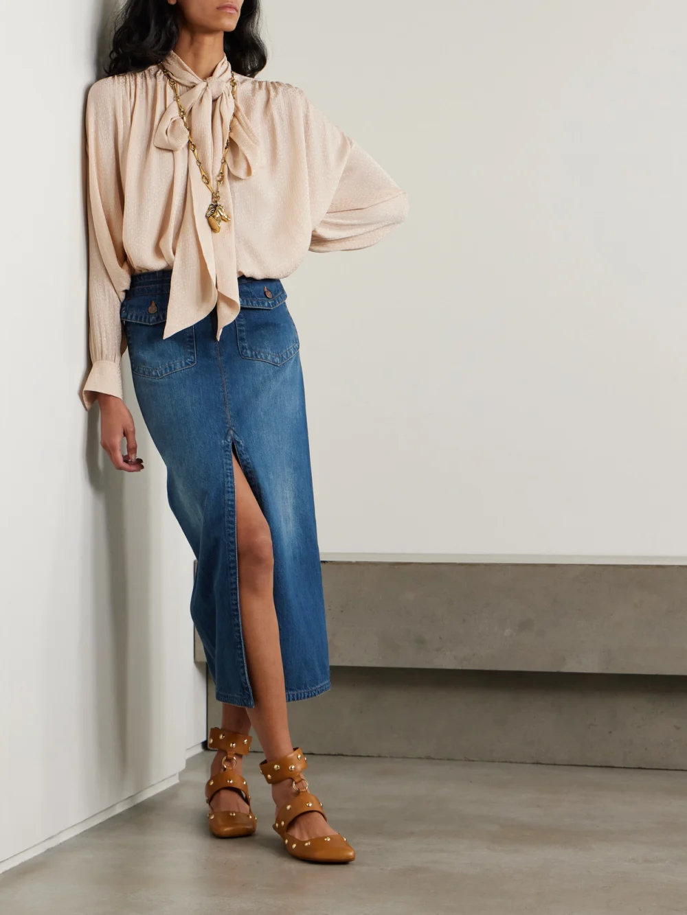 Chloé Organic Denim Midi Skirt, worn by a model