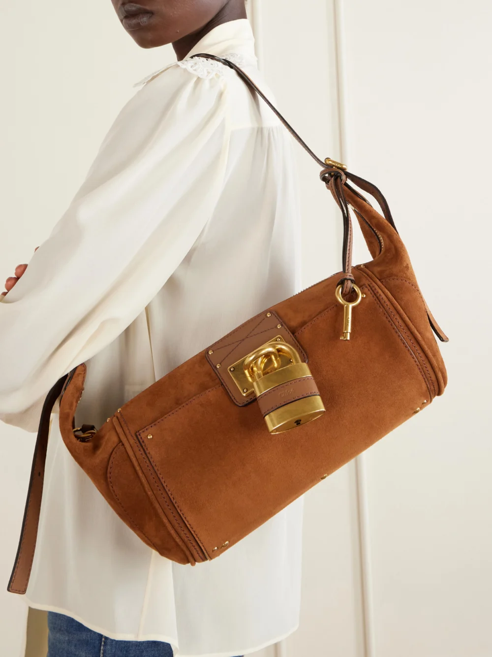 Chloé Paddington Embellished Leather-trimmed Suede Shoulder Bag, styled view