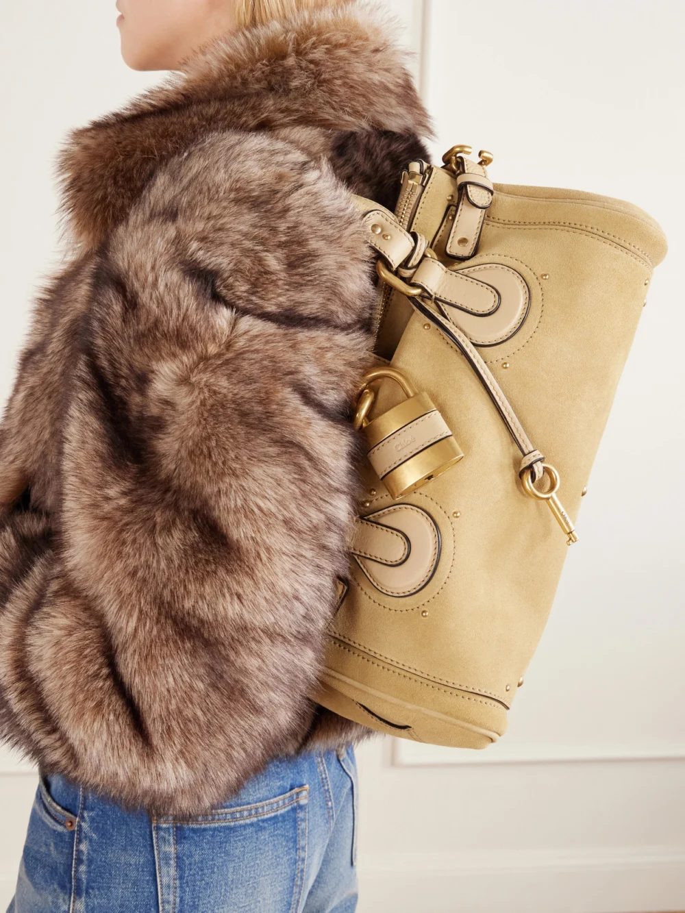 Chloé Paddington Leather-trimmed Suede Shoulder Bag, styled view