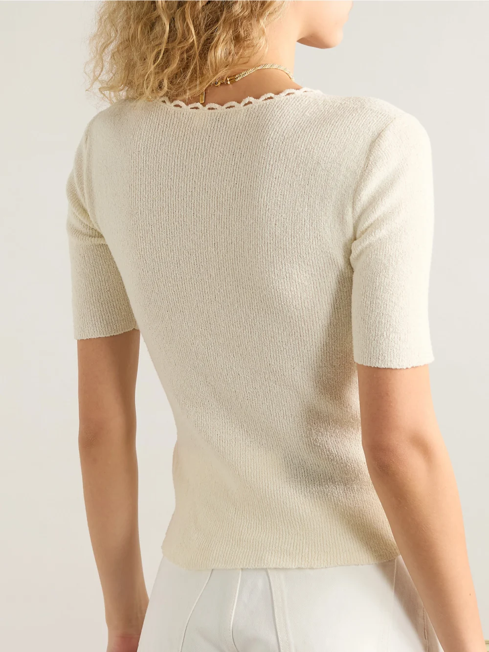 Back view of the Chloé Picot-trimmed Ribbed Cotton-blend Bouclé T-shirt