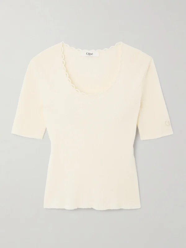 Chloé Picot-trimmed Ribbed Cotton-blend Bouclé T-shirt