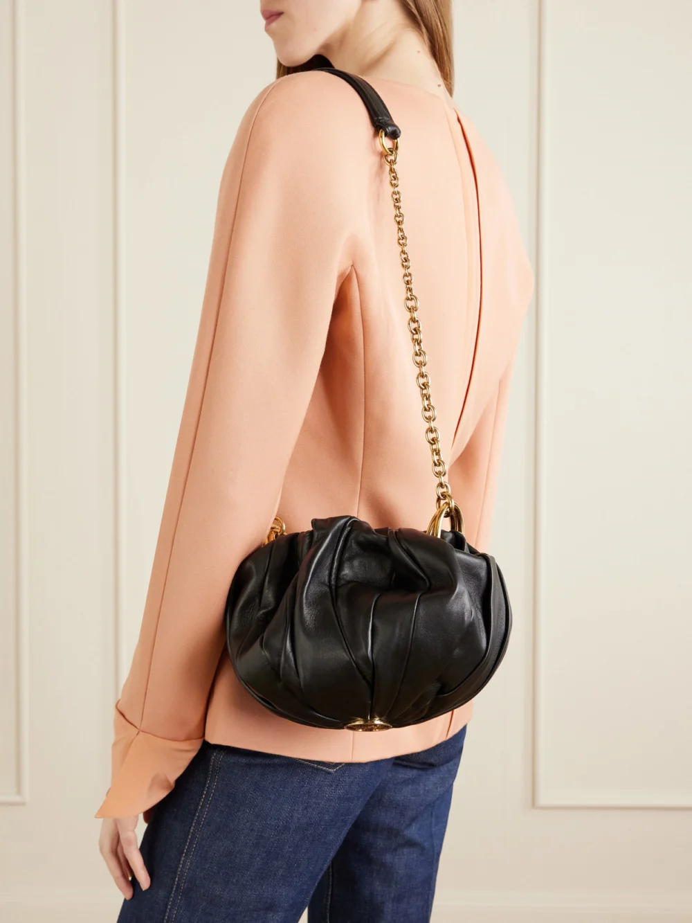 Close-up detail of the Chloé Pleated Leather Shoulder Bag