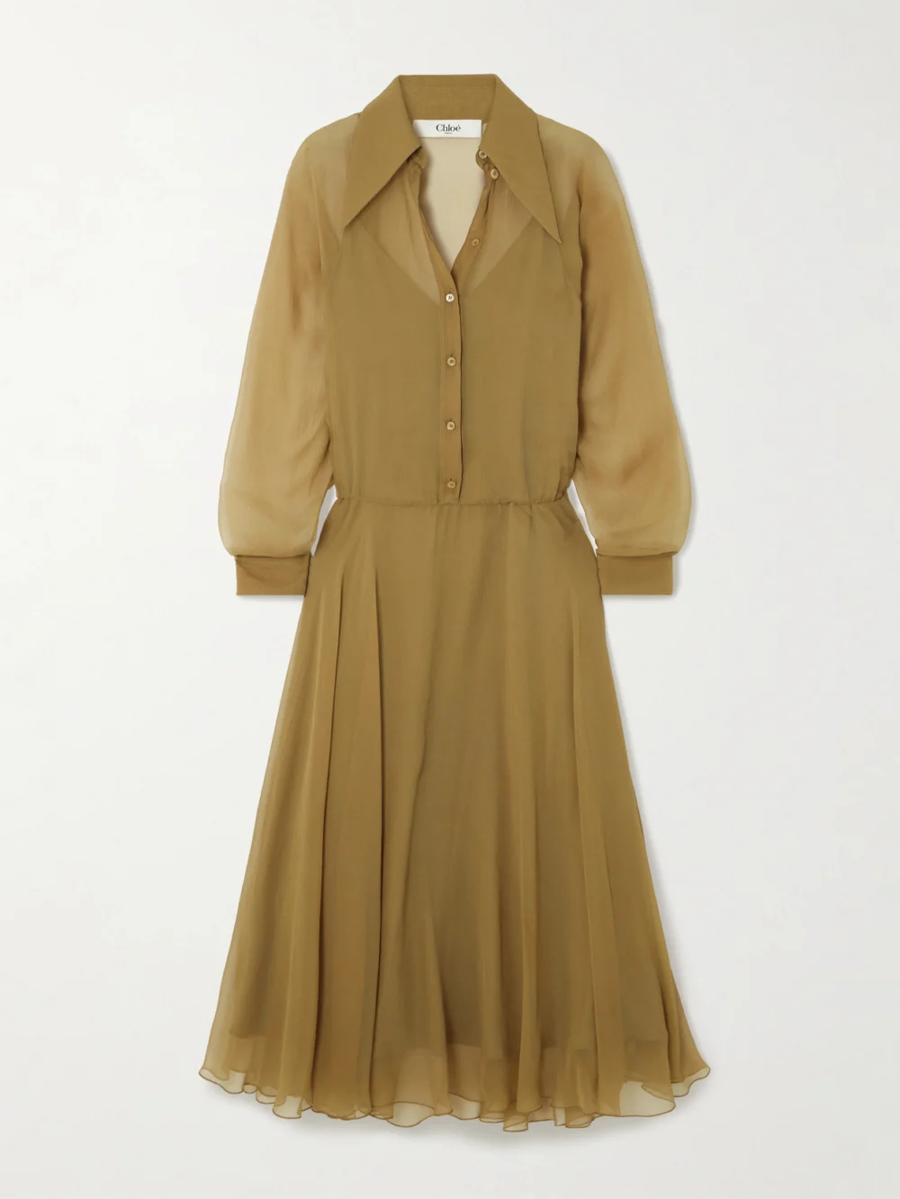 Chloé Pleated Organic Silk-mousseline Midi Shirt Dress in tan