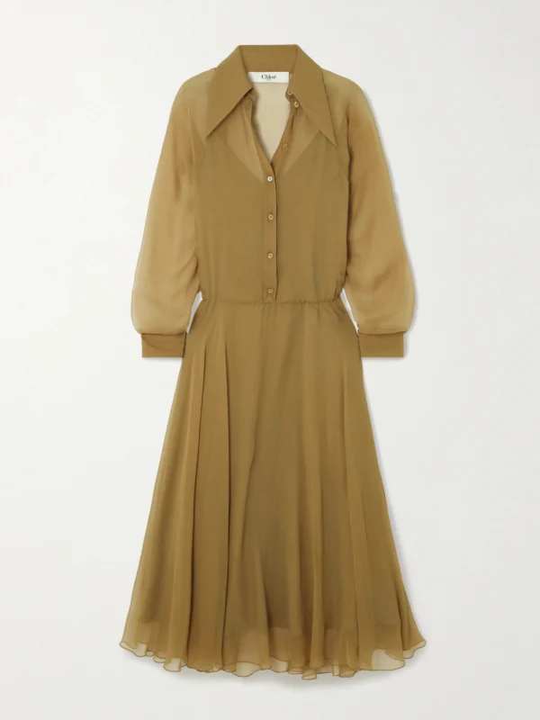 Chloé Pleated Organic Silk-mousseline Midi Shirt Dress