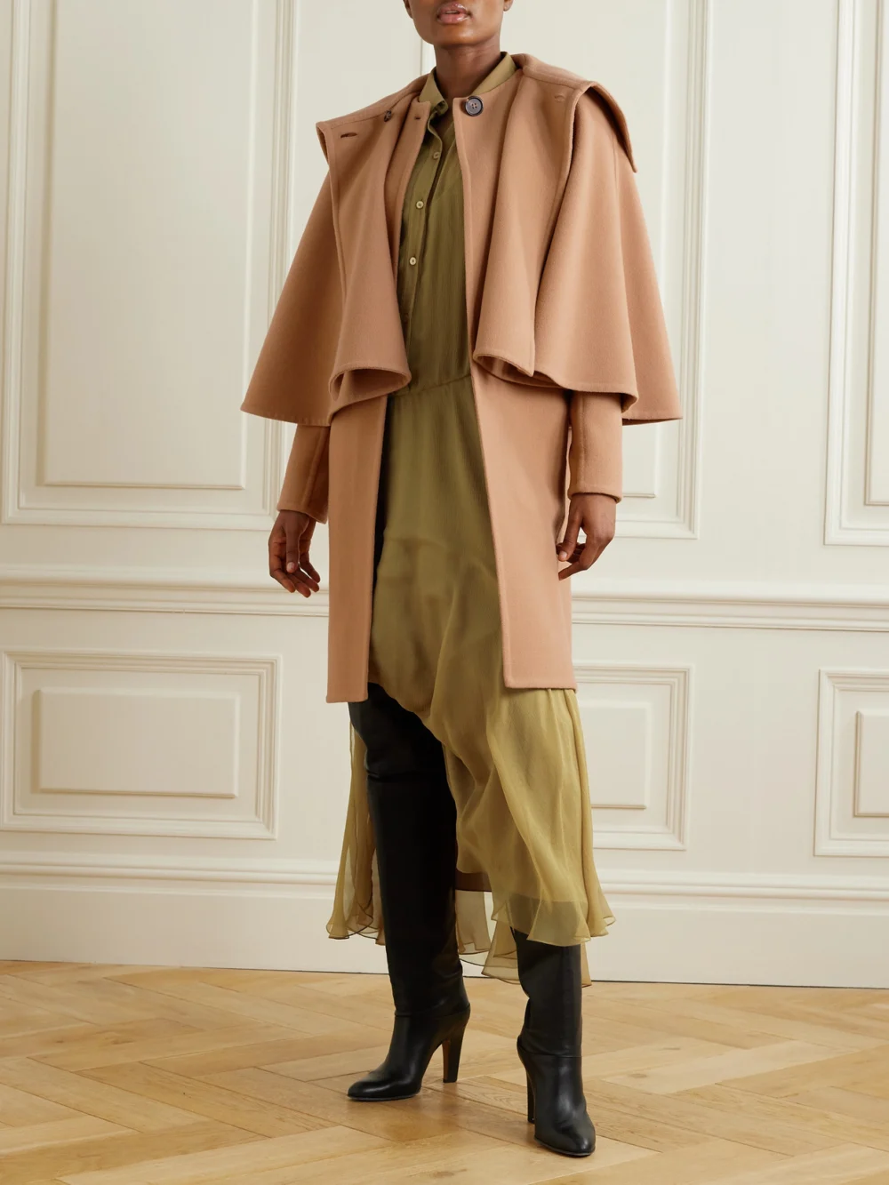 Chloé Pleated Organic Silk-mousseline Midi Shirt Dress, worn by a model
