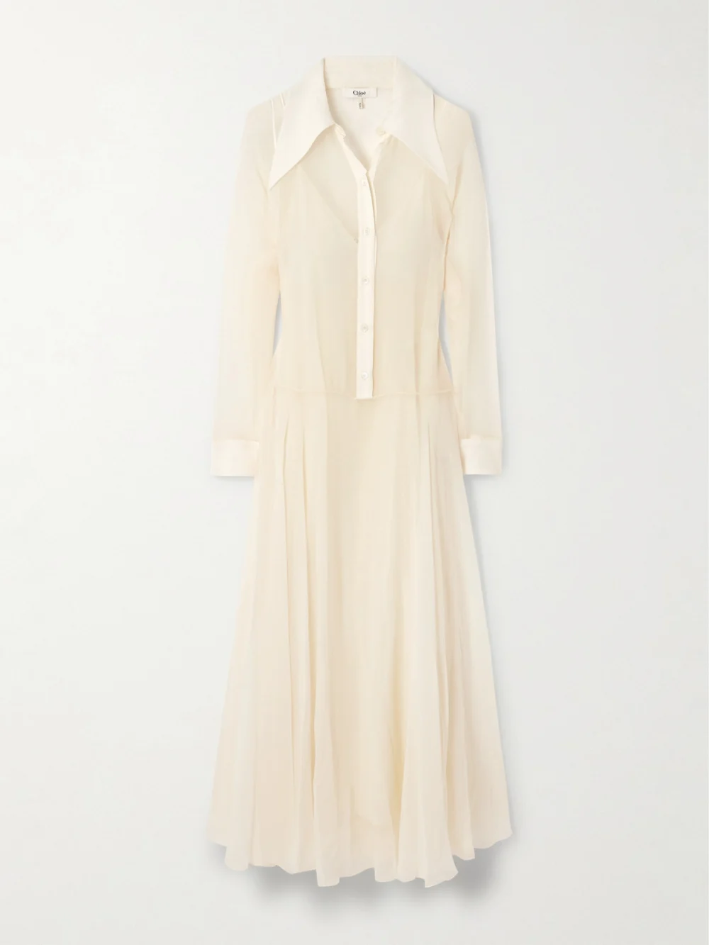 Chloé Pleated Organic Silk-mousseline Midi Shirt Dress in white