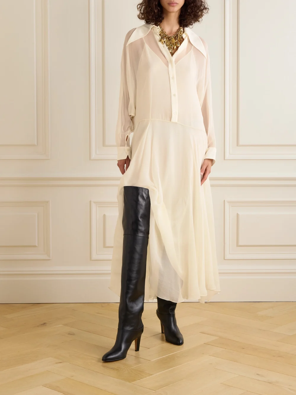 Chloé Pleated Organic Silk-mousseline Midi Shirt Dress, worn by a model