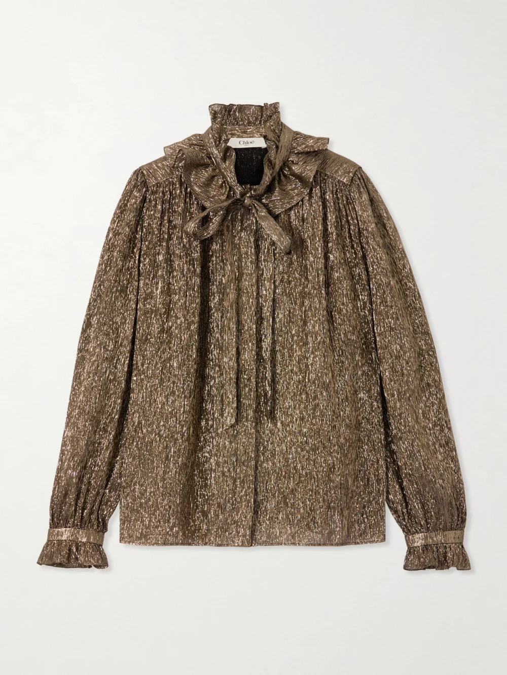 Chloé Pussy-bow Metallic Chiffon Blouse in gold