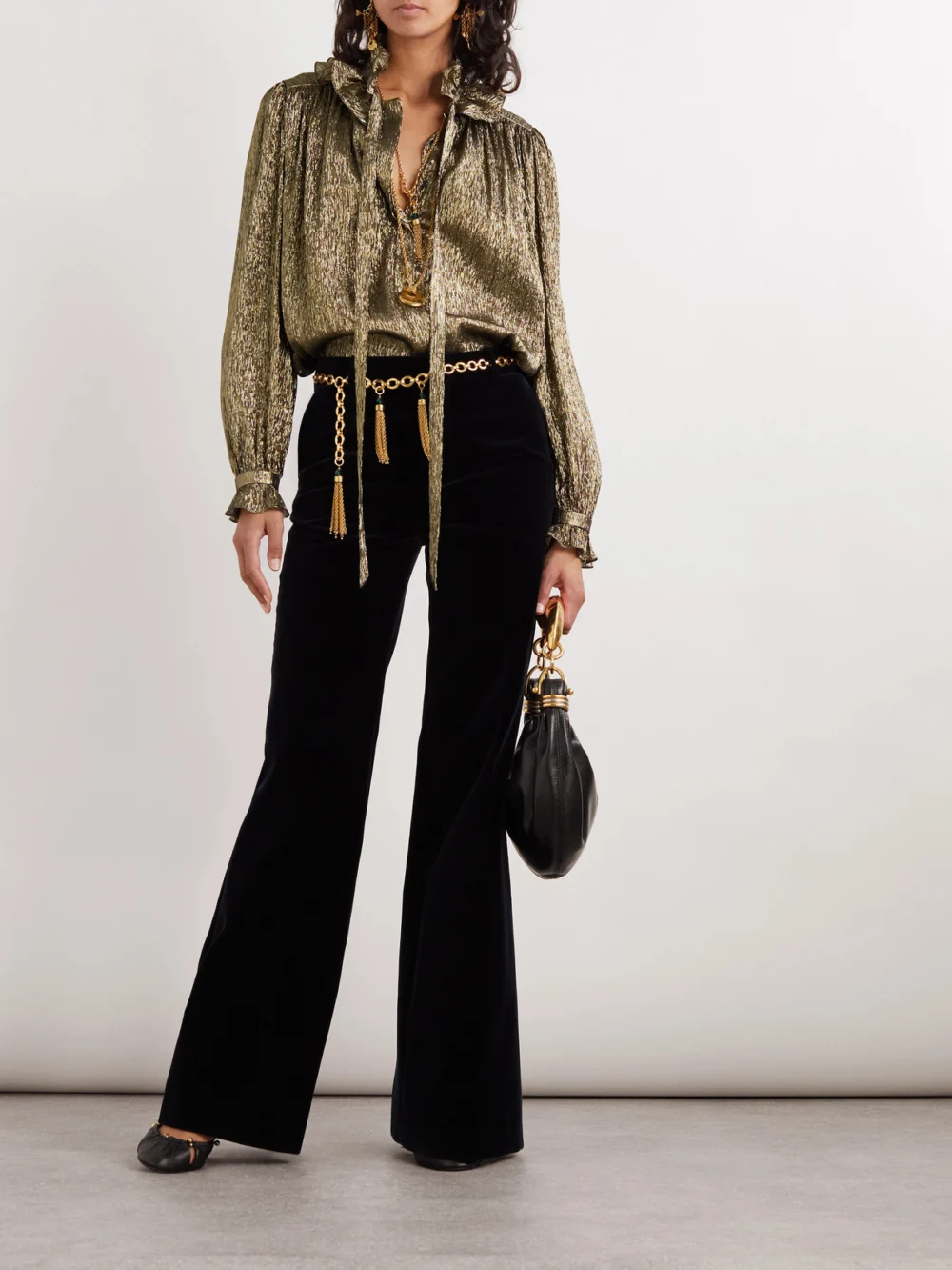 Chloé Pussy-bow Metallic Chiffon Blouse, worn by a model