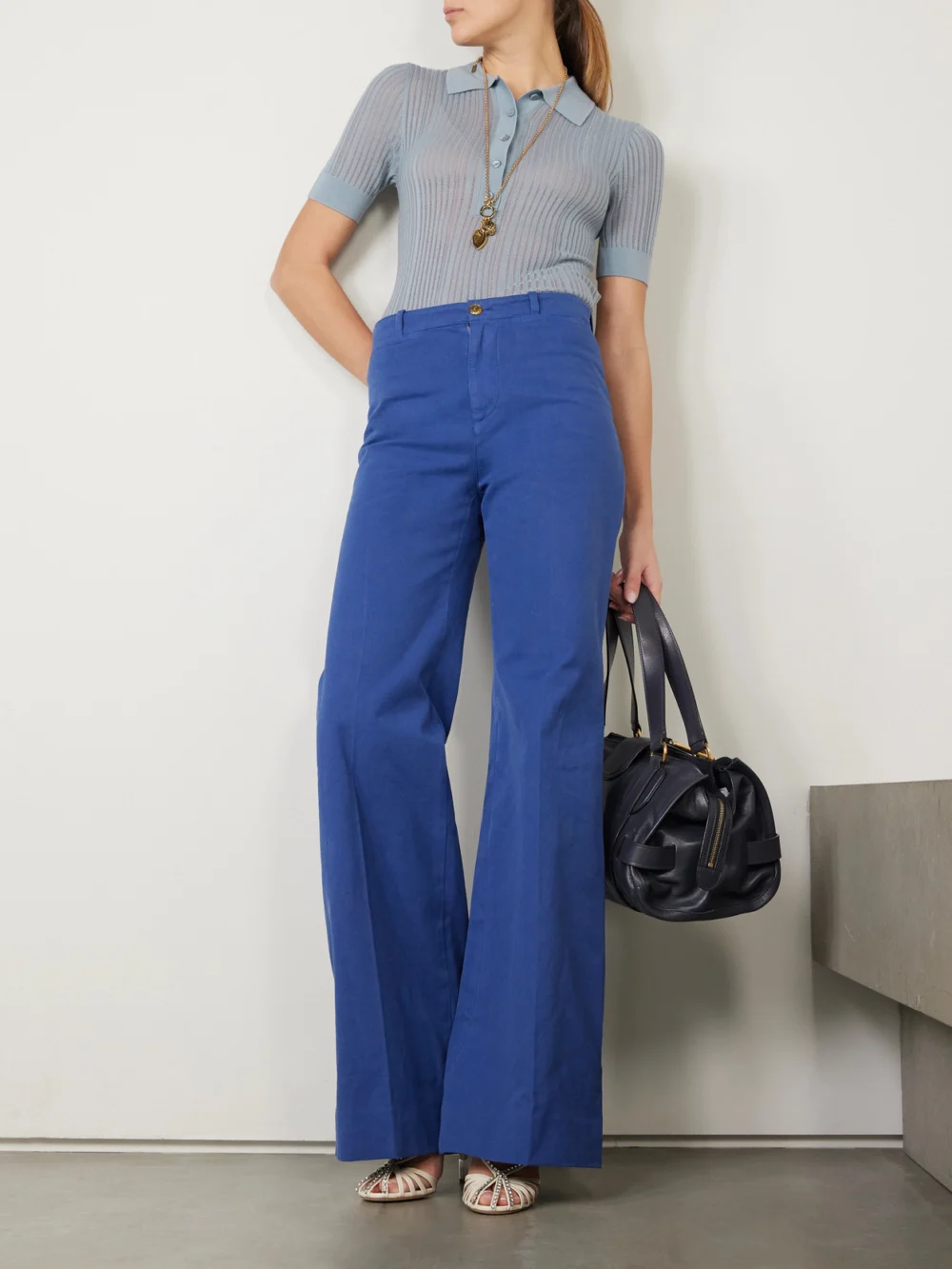 Chloé Ribbed Open-knit Wool Polo Shirt, worn by a model