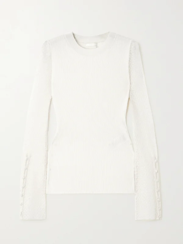 Chloé Ribbed Wool-blend and Pointelle-knit Linen-blend Top