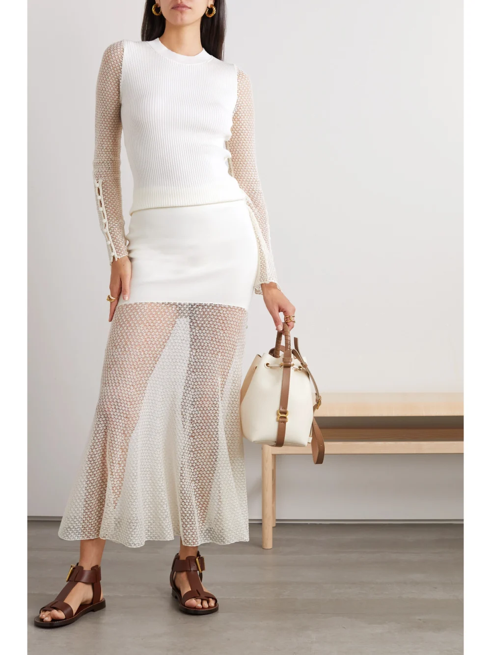 Chloé Ribbed Wool-blend and Pointelle-knit Linen-blend Top, worn by a model