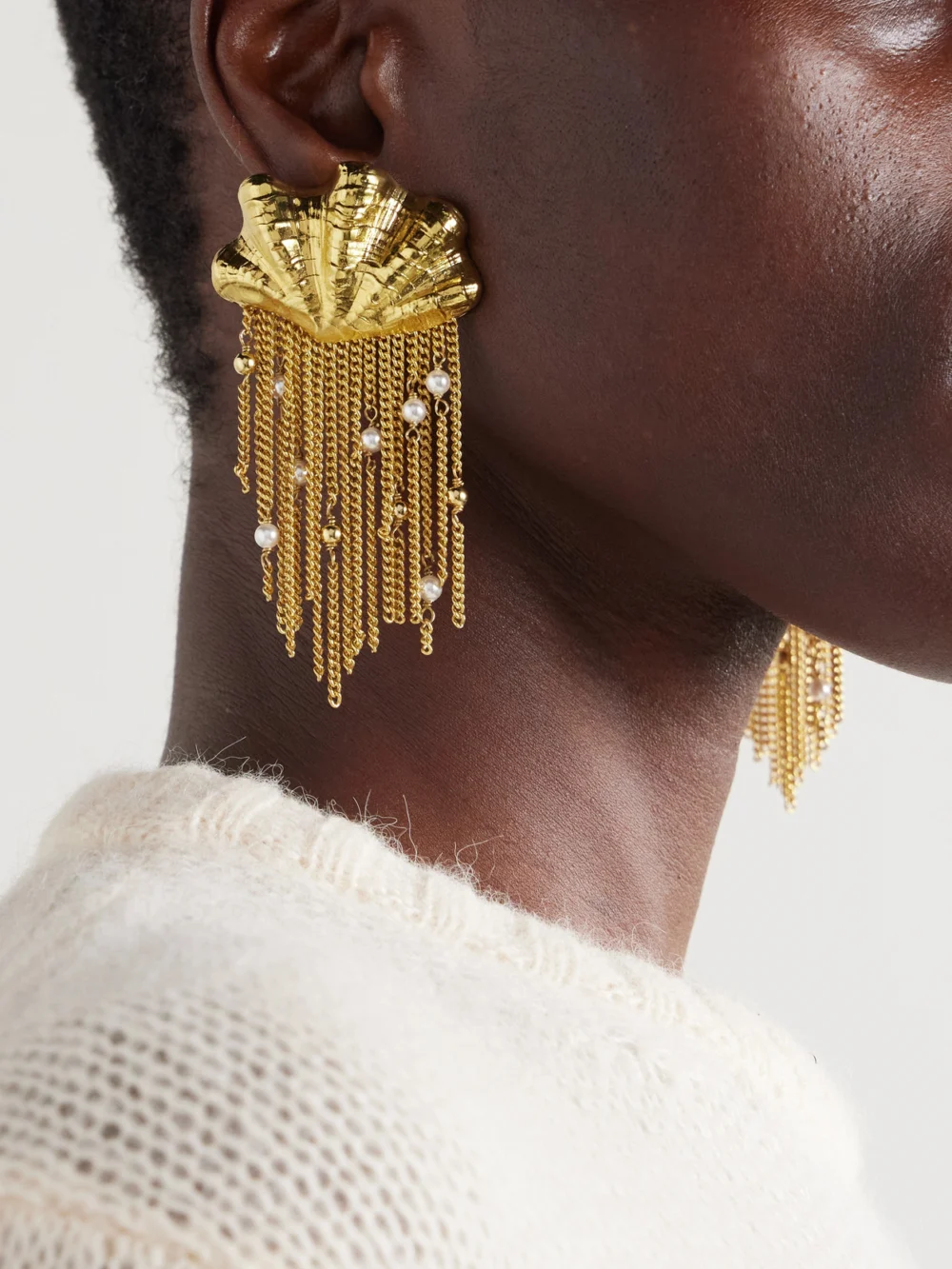 Chloé Shells Fringed Gold-tone Faux Pearl Clip Earrings, styled view