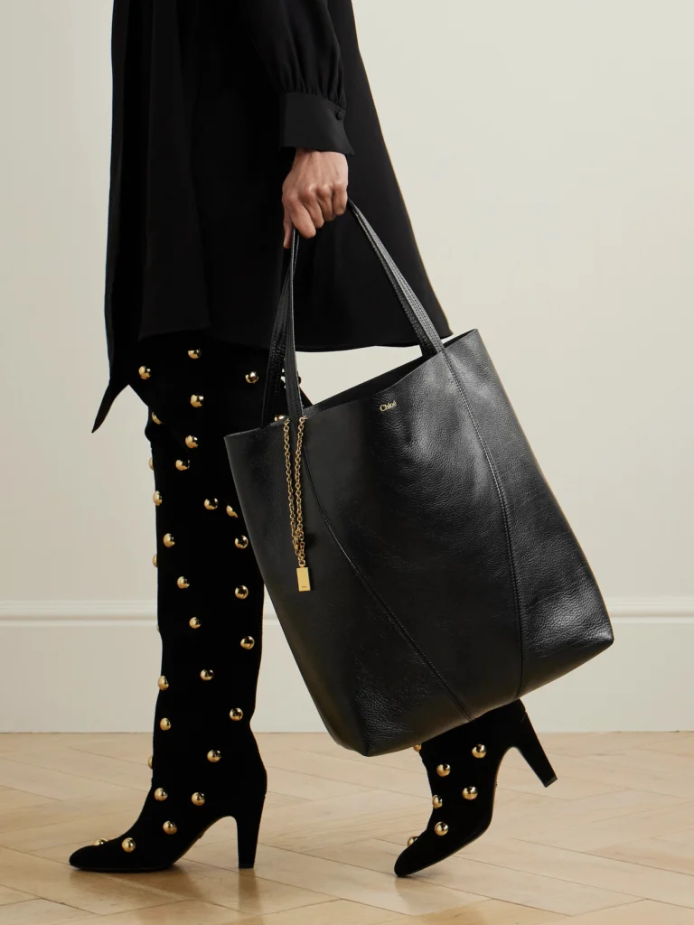 Chloé Spin Embellished Paneled Textured-leather Tote