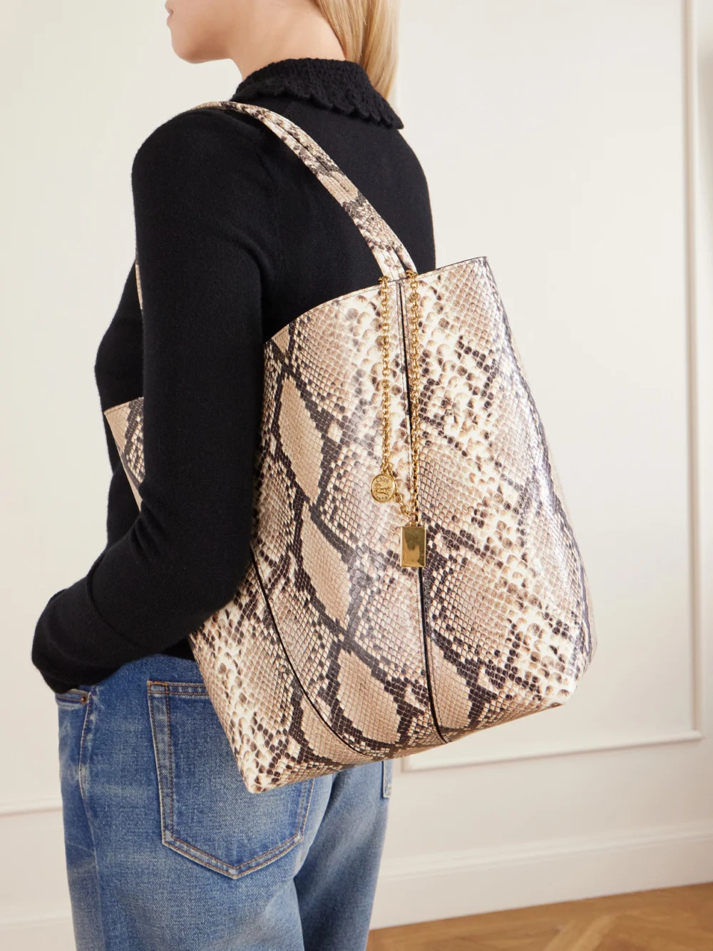 Chloé Spin Embellished Snake-effect Leather Tote Bag, styled view