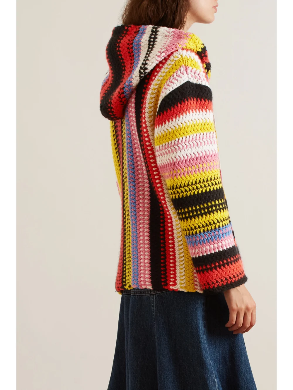 Back view of the Chloé Striped Macramé Cashmere and Wool-blend Hoodie