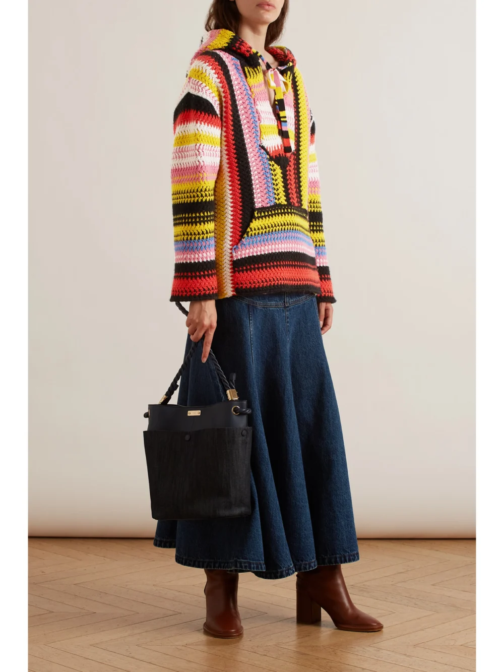 Chloé Striped Macramé Cashmere and Wool-blend Hoodie, worn by a model