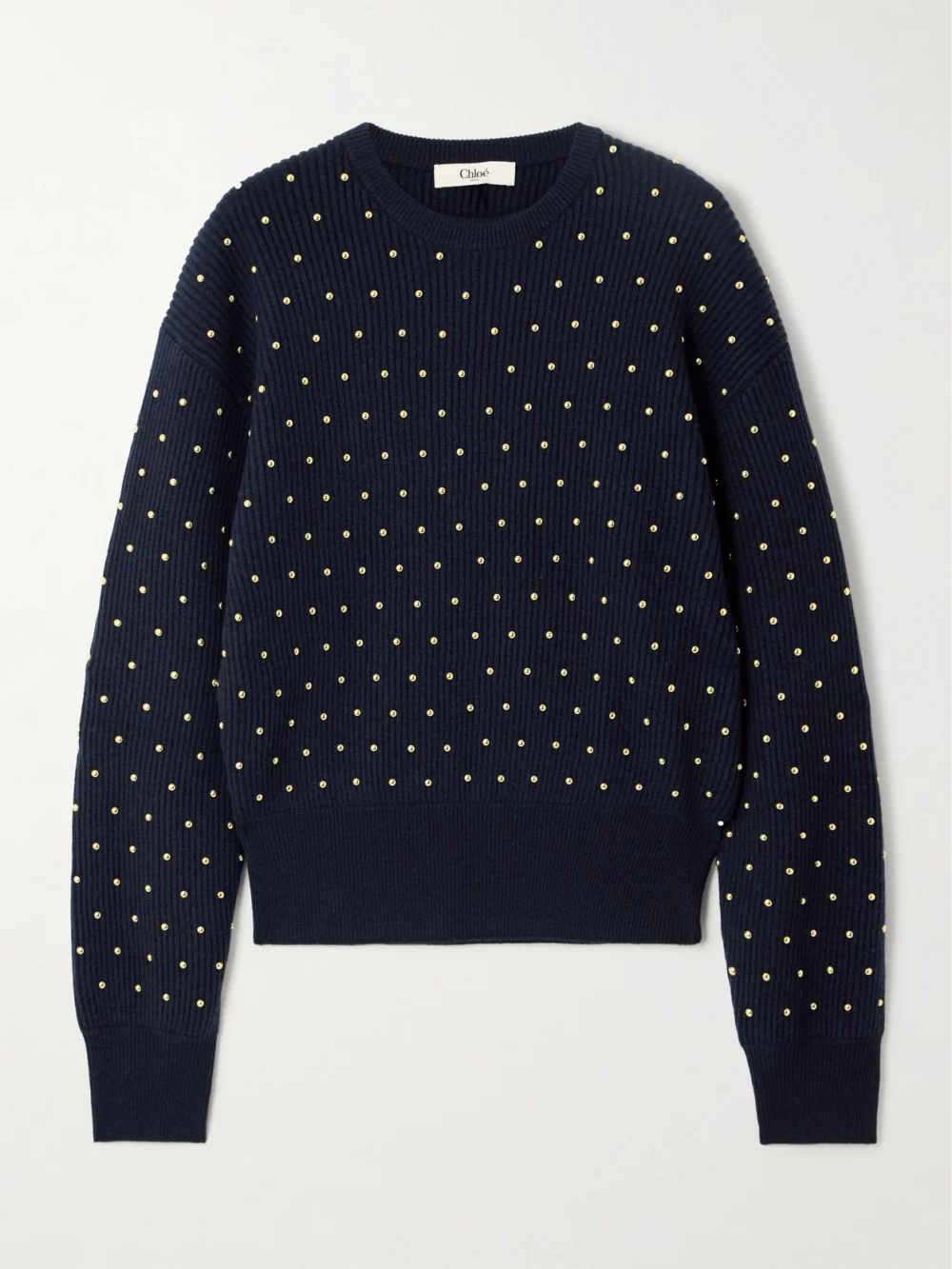 Chloé Studded Ribbed Wool and Cashmere-blend Sweater in navy