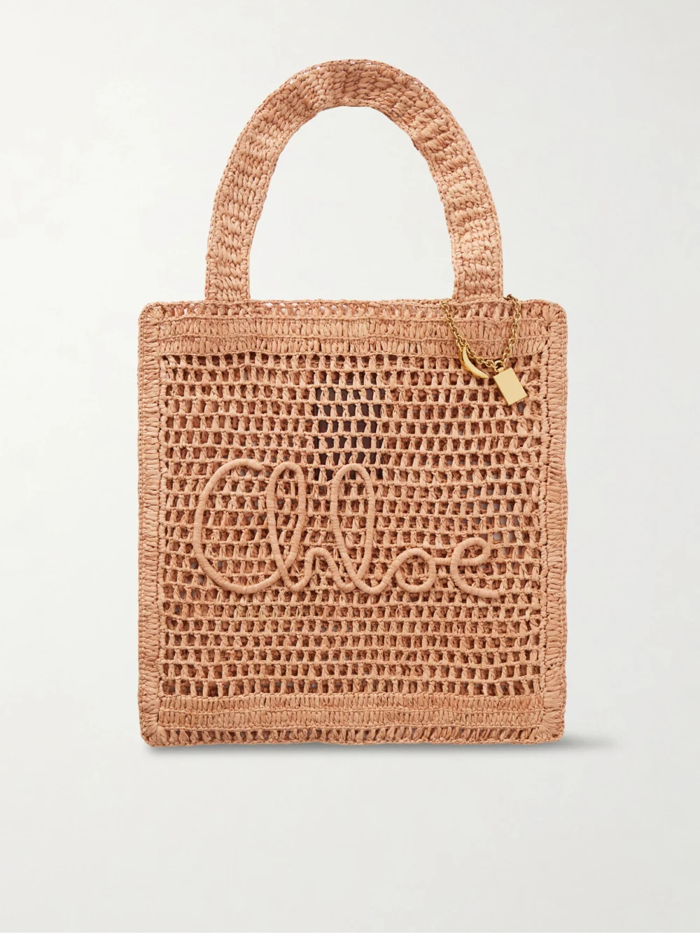 Chloé Summer Banana Embellished Crocheted Embroidered Raffia-like Tote in pastel pink