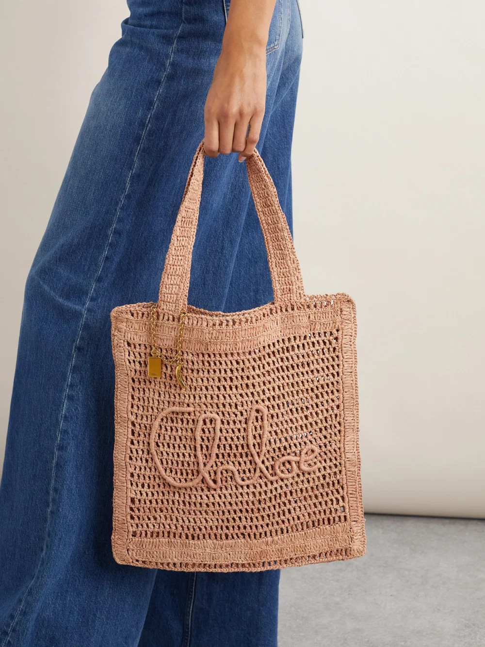 Chloé Summer Banana Embellished Crocheted Embroidered Raffia-like Tote, styled view