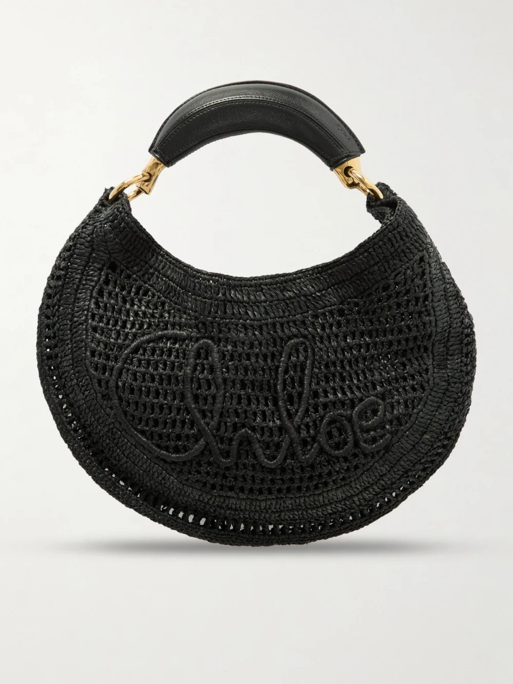 Chloé Summer Banana Leather-trimmed Embroidered Raffia Tote in black