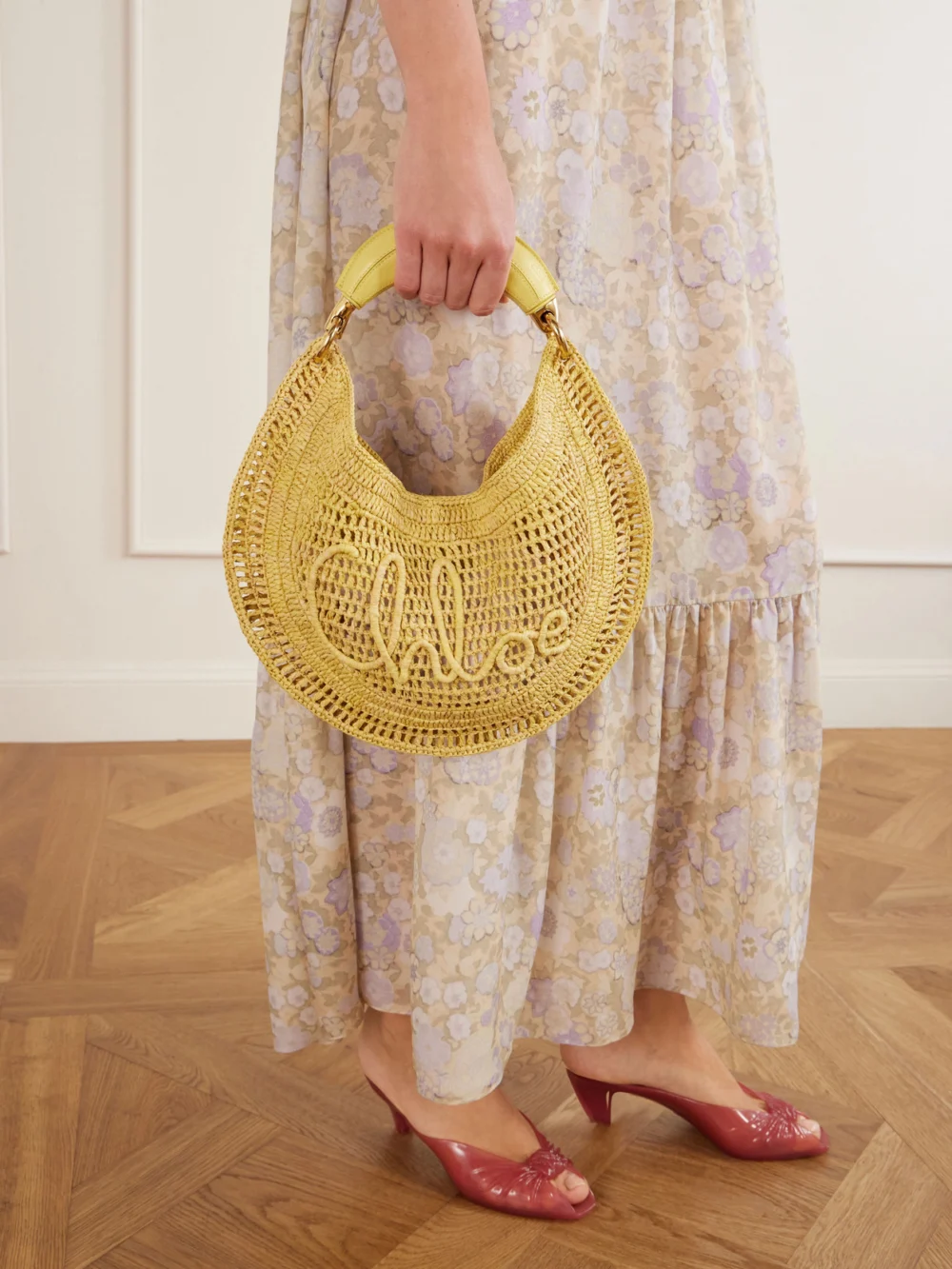 Chloé Summer Banana Leather-trimmed Embroidered Raffia Tote, styled view