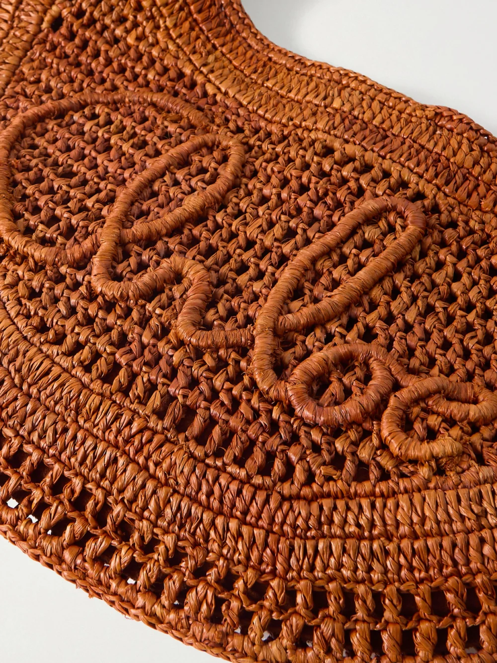 Close-up detail of the Chloé Summer Banana Leather-trimmed Embroidered Raffia Tote
