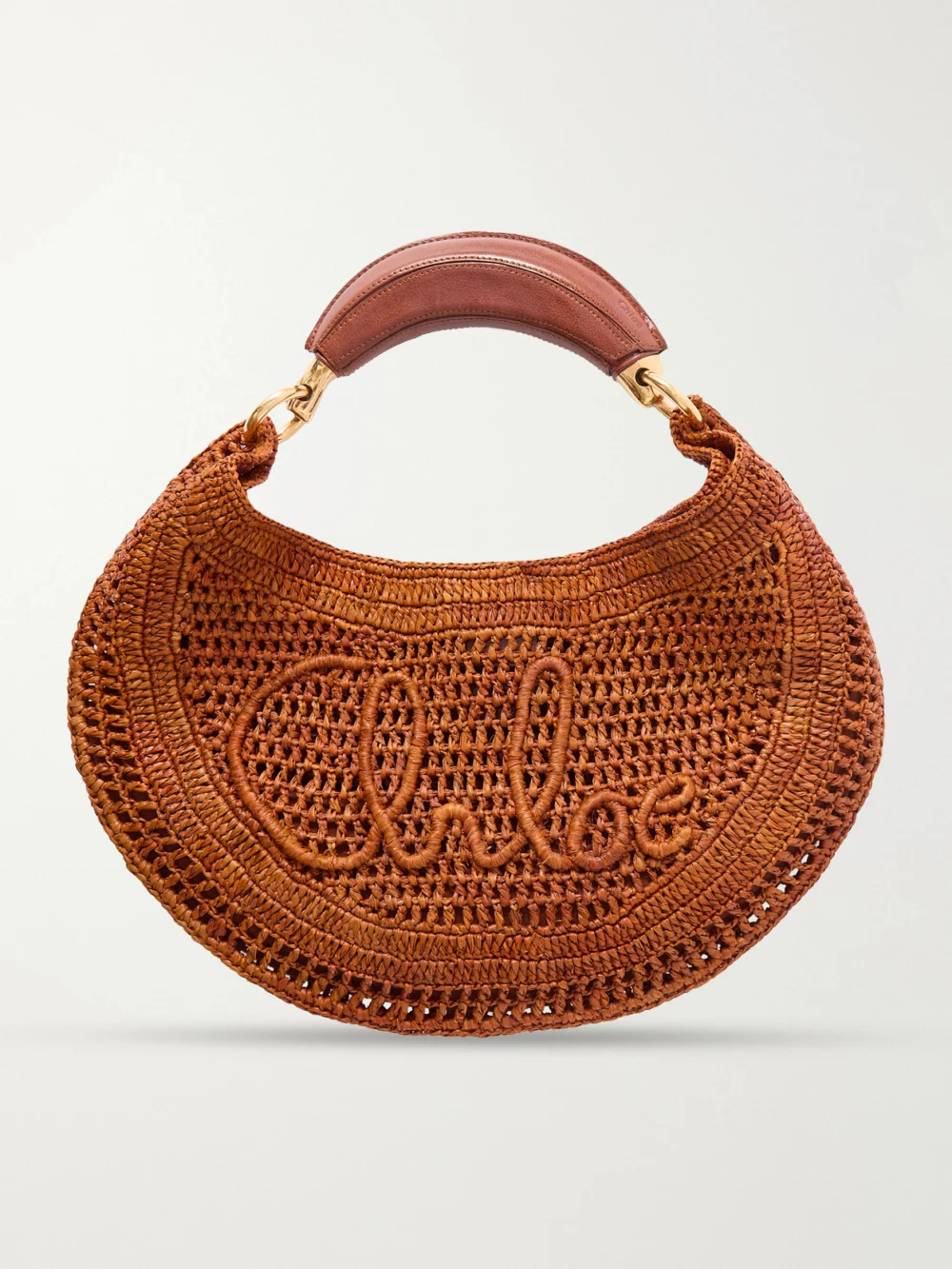 Chloé Summer Banana Leather-trimmed Embroidered Raffia Tote in light brown