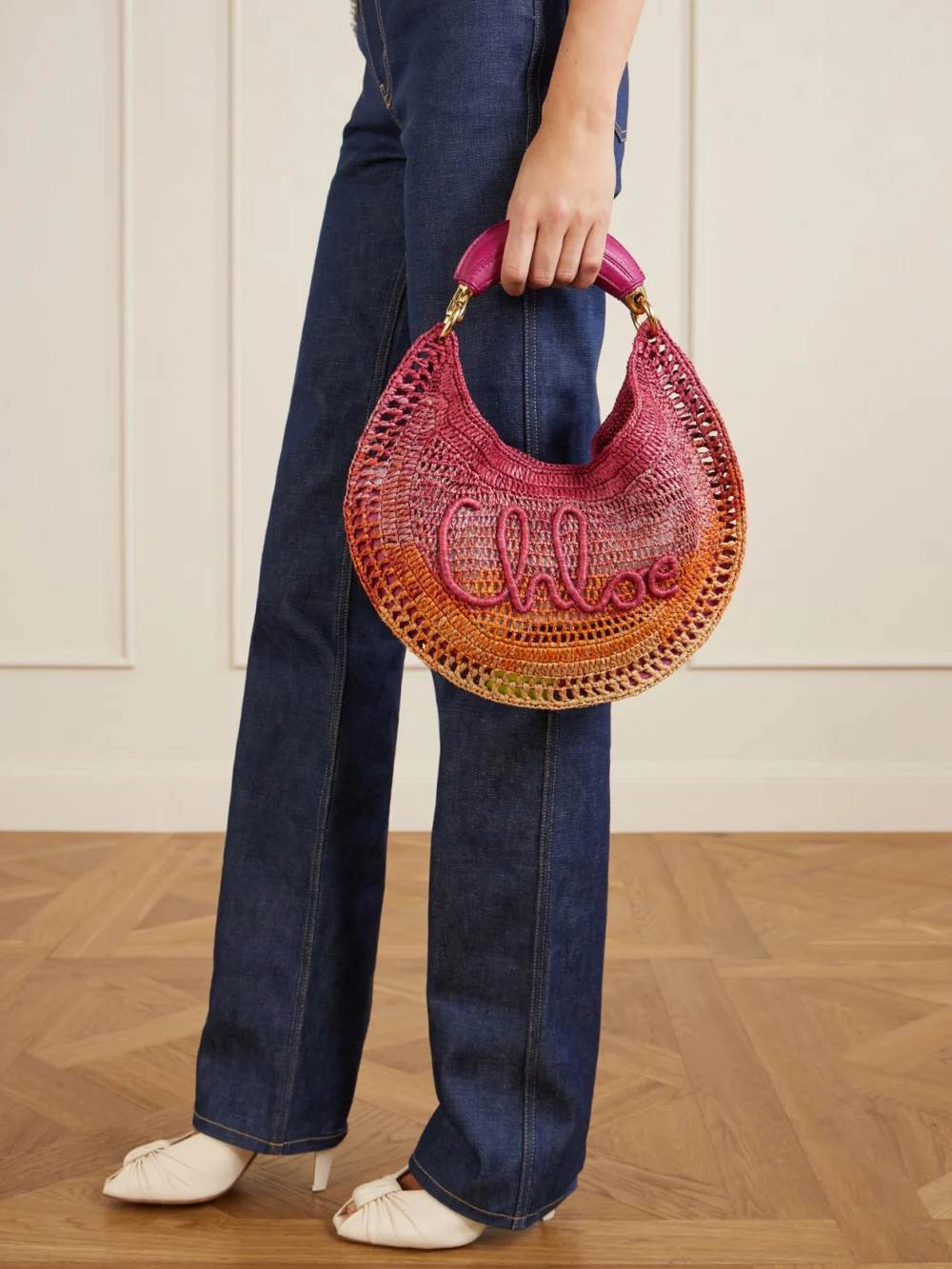 Chloé Summer Banana Leather-trimmed Embroidered Raffia Tote, styled view